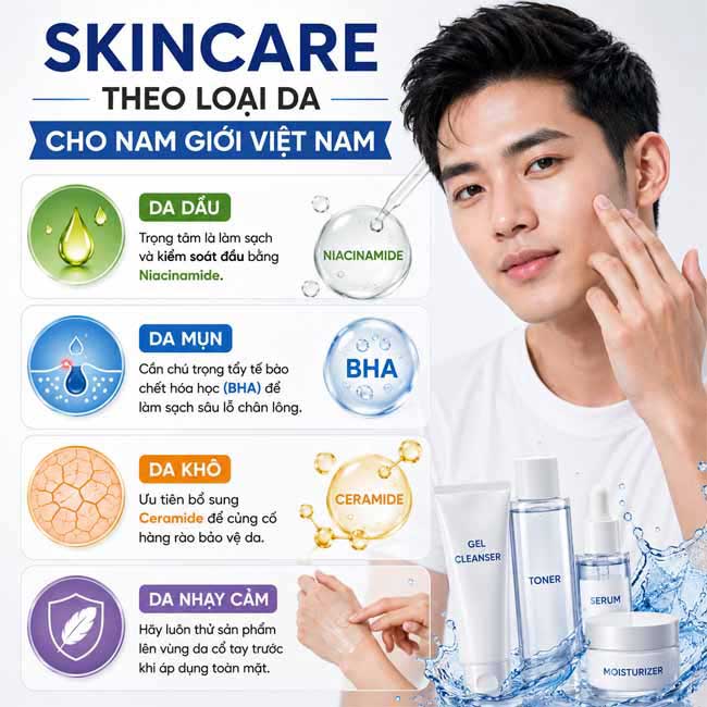 Skincare theo loại da cho nam giới Việt Nam
